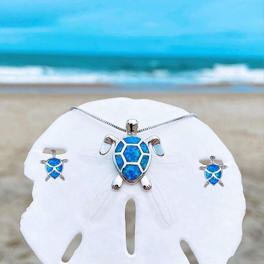 Kailea – Set aus Opal- und Silber-Schildkröten-Schmuck (Halskette + Ohrringe)