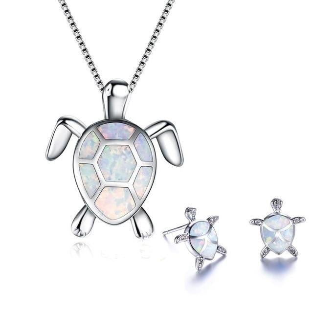 Kailea – Set aus Opal- und Silber-Schildkröten-Schmuck (Halskette + Ohrringe)