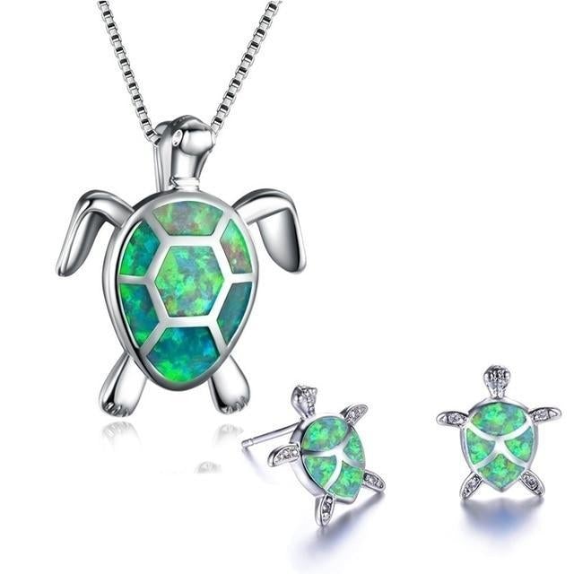 Kailea – Set aus Opal- und Silber-Schildkröten-Schmuck (Halskette + Ohrringe)