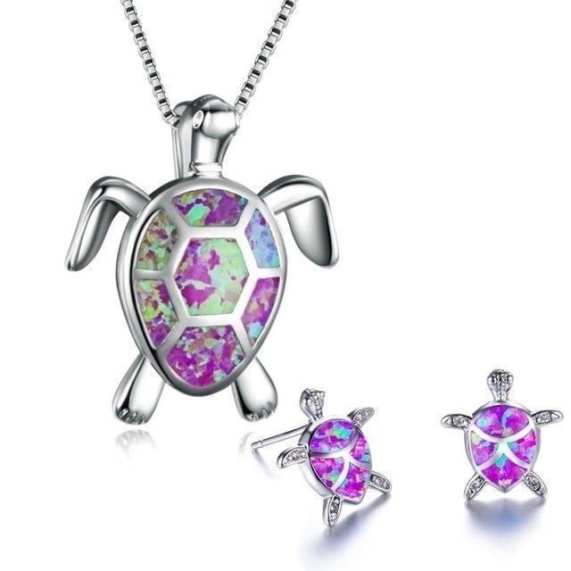 Kailea – Set aus Opal- und Silber-Schildkröten-Schmuck (Halskette + Ohrringe)