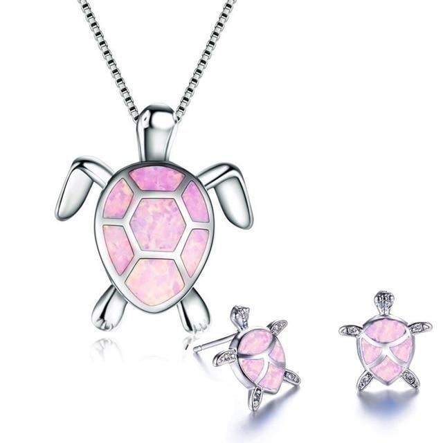 Kailea – Set aus Opal- und Silber-Schildkröten-Schmuck (Halskette + Ohrringe)